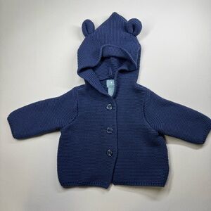 Baby Gap Sweather 0-3 Months Blue Hooded Bear Ears  Navy Blue Knit Cotton
